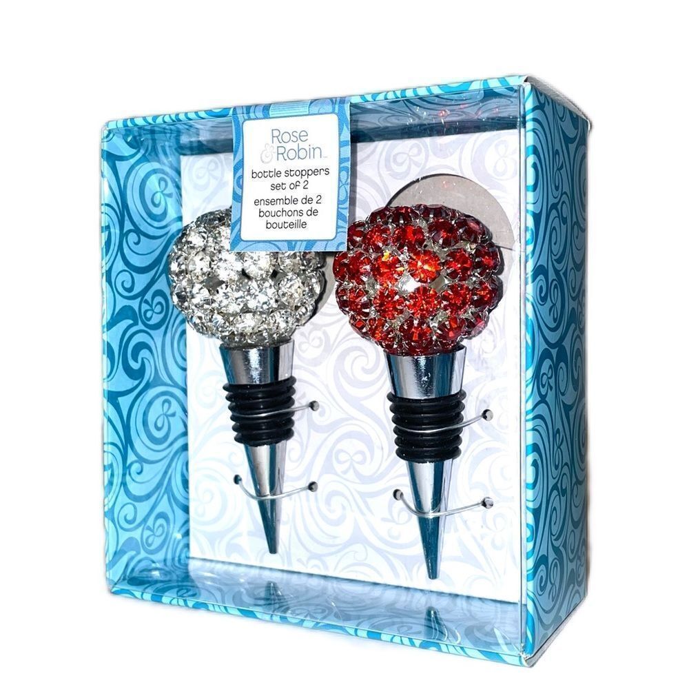 Glass Sequin Bottle Stopper Set of Two Red/Silver NWT